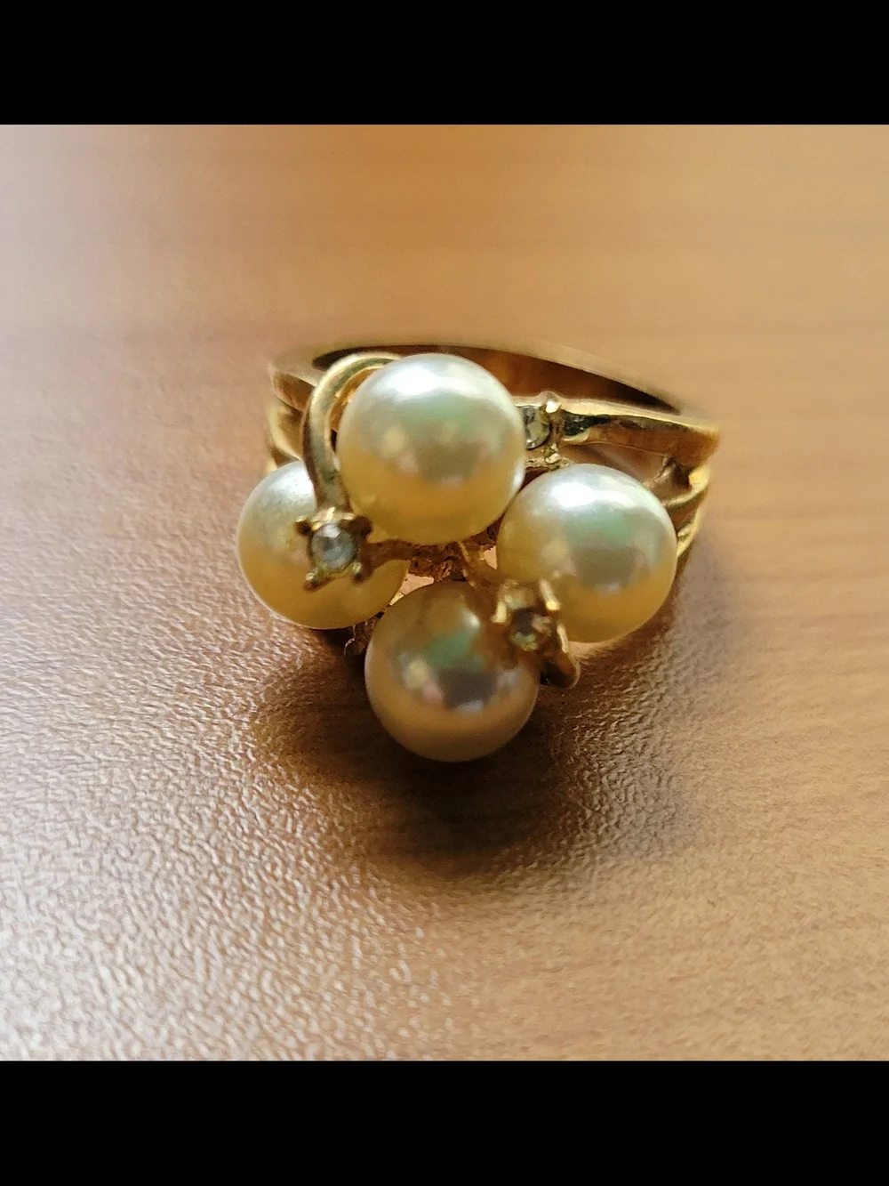 Vintage Gold-Tone Pearl Cluster Cocktail Ring with Rhinestones